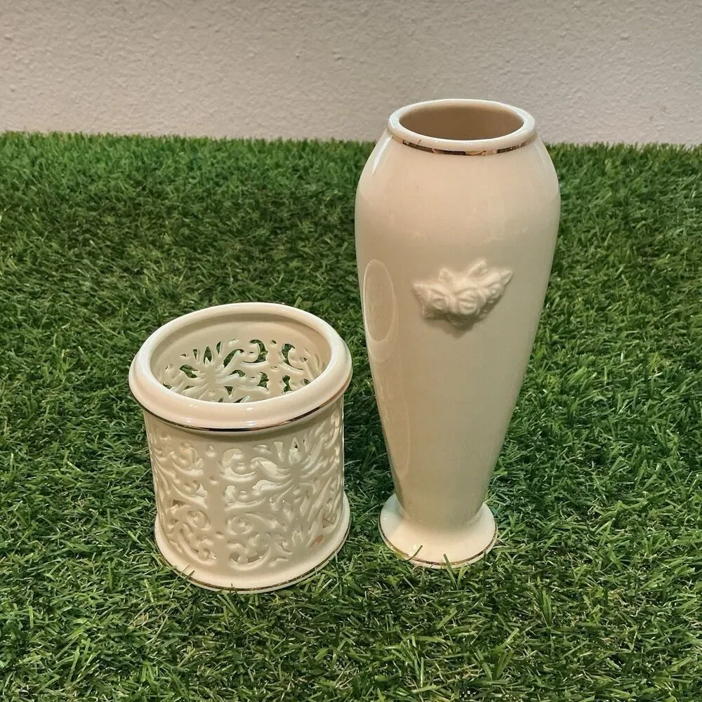 Lenox Ivory Porcelain Vase & Pierced Candle Holder Set Gold Trim